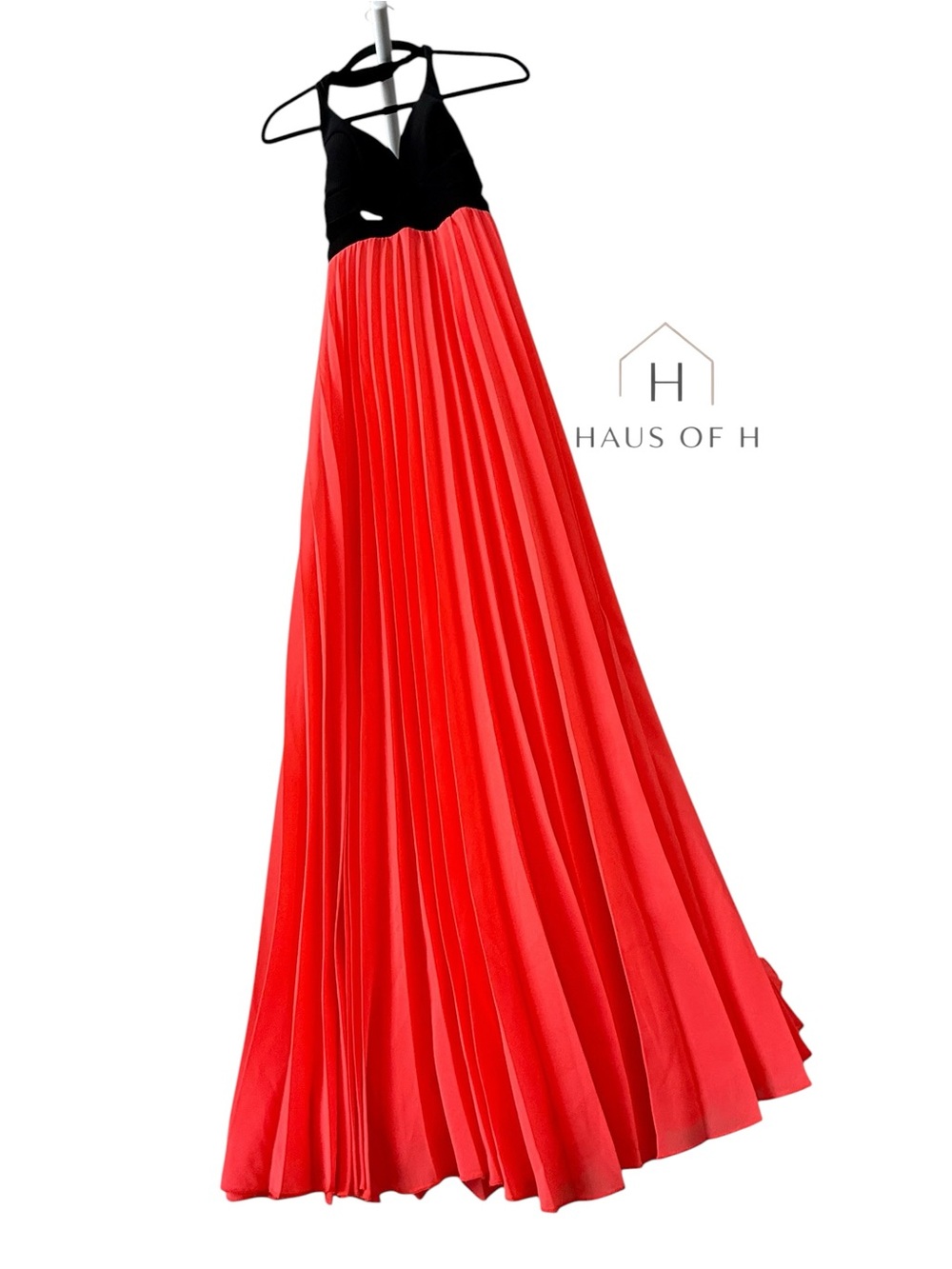 Crystal Doll Black & bright Red Pleated Chiffon Maxi Dress Cut Out Zip Size S